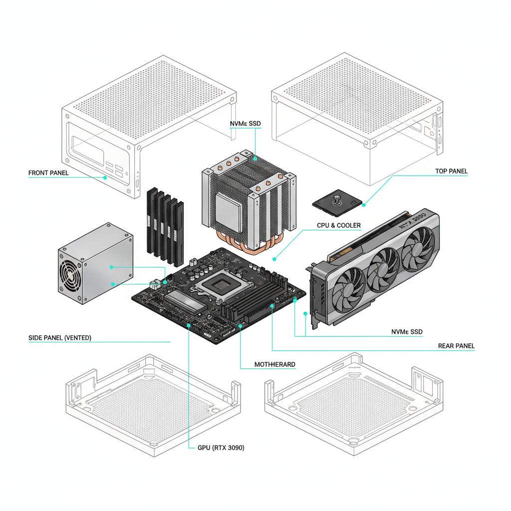 Micro Vault exploded view — swappable GPU, RAM, NVMe, and CPU components